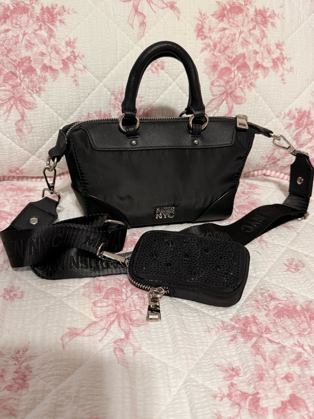 Black NYC Logo Convertible Satchel with Removable Strap